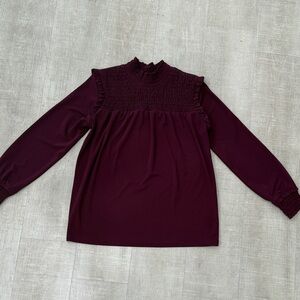 Ann Taylor Deep Burgundy Smocked Yoke Long Sleeve Blouse Size Small